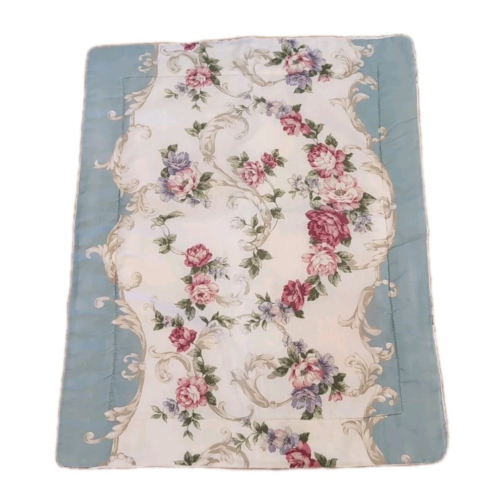 VTG French Country Pillow Sham Roses Robin Egg Blue 31x25" Cottage Core Cotton